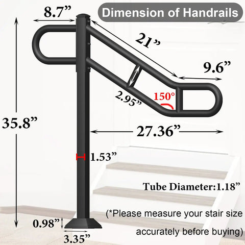 Next Level Black Metal Single Post Handrail For Outdoor Steps dimensions on a modern staircase, showing 35.8 inch height and arm angles.