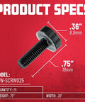 Product specs for standard size rack screws 25 pack, model GRW-SCRW025, 10-32 thread, heavy-duty steel construction, .75 inch height.