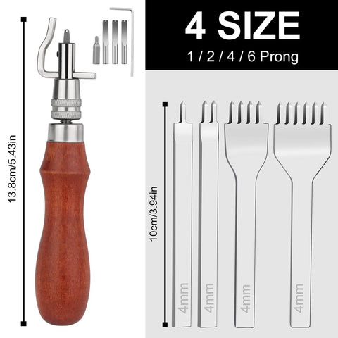 7 In 1 Pro Adjustable Stitching Groover Kit with wooden handle and 1 2 4 6 prong punches for leathercraft