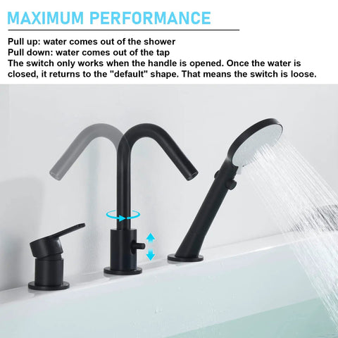 Black Roman Tub Faucet Set With Hand Shower 3 Hole Deck Mount Bath Fixture Spout Diverter Pull Out Sprayer in action