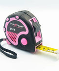 Pretty Pink 25 Foot Tape Measure For Women's Tool Kit with retractable blade, lock button, and easy-read inches and centimeters.