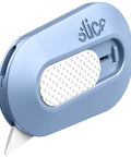 Slice Mini Box Cutter, blue plastic body with retractable ceramic blade and white textured grip