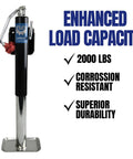 Trailer tongue jack, 2000 lb capacity, black body with chrome shaft and red knob.