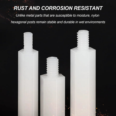 100 Stack M2.5 White Nylon Studs Hex Standoffs For Circuit Board Rig and Electronics Projects Durable Heavy Duty Non Conductive PCB Hardware Slick Finish Solid Gear showing three hexagonal posts.