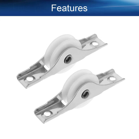 Heavy Duty Sliding Door And Window Pulley Wheels With Beefy Stainless Steel Shell And Smooth Sail Nylon Rollers For Hassle Free Cabinet Track Refreshes 33 Millimeter Diameter Silver White Two Pack of Rolling Replacement Gear displayed from the side.