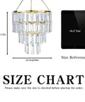 Modern Faux Chandelier Lampshade Featuring A Sleek Gold Frame And Three Tier Faceted Clear Acrylic Beads Ready To Hang For Girls Bedroom Easy Peasy Setup Next Level Bedroom Vibes, size details against tablet.