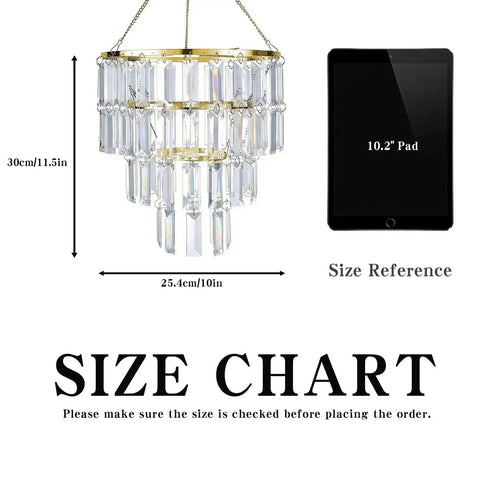 Modern Faux Chandelier Lampshade Featuring A Sleek Gold Frame And Three Tier Faceted Clear Acrylic Beads Ready To Hang For Girls Bedroom Easy Peasy Setup Next Level Bedroom Vibes, size details against tablet.