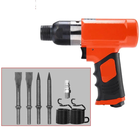 Rock Solid Pneumatic Hammer Kit And Rivet Gun Tools Perfect For Heavy Duty Nut And Screw Tightening jobs With Durable Build For Pros Who Need Serious Grind Power., orange air hammer kit with bits, springs, and chisel attachments