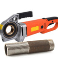 Heavy Duty Electric Pipe Threader With Handheld Power Drive, showing the tool next to a galvanized iron pipe.