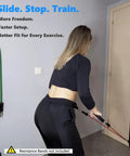 Slick Sliding Door Anchor For Resistance Bands Featuring Legit Height Adjustments For Seamless Home Gym Routines Total Flex Workouts And Game Changing High Mid Low Settings in use with a woman training.