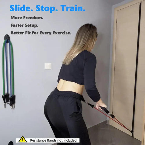 Slick Sliding Door Anchor For Resistance Bands Featuring Legit Height Adjustments For Seamless Home Gym Routines Total Flex Workouts And Game Changing High Mid Low Settings in use with a woman training.