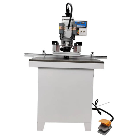 Pneumatic Hinge Boring Drill Press For Woodworking 48-6 Dual Function Electric Drill with metal table, ideal for cabinet making.