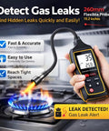 Smart Gas Leak Detector with 10 Inch Gooseneck Digital LCD Display and Backlight for natural gas propane detection near a stove.