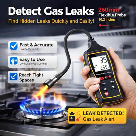 Smart Gas Leak Detector with 10 Inch Gooseneck Digital LCD Display and Backlight for natural gas propane detection near a stove.