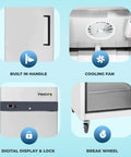 Top Shelf 23 Cubic Foot Reach In Freezer With Single Solid Door And Brushed Stainless Steel Finish features a digital display and locking mechanism.
