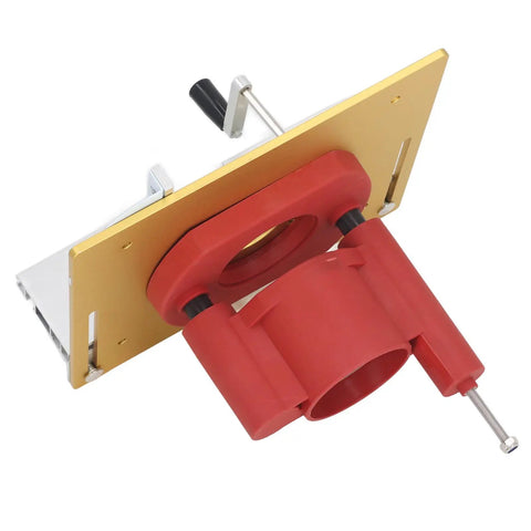 Slick Aluminum Router Lift Kit With Dead Nuts Accurate Dial Scale Flip Plate top view showcasing lift plate and red router attachment.