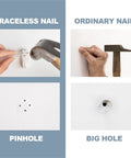 Comparison of traceless and ordinary nails; traceless nails leave pinholes while ordinary nails create big holes, for 50 Piece Picture Hanger Kit With Heavy Duty Hooks For Stucco Concrete And Hard Walls No Drilling Needed Invisible Nails 25 Lb Load Great Value Storage Box And Easy Install Gradienter Holder.