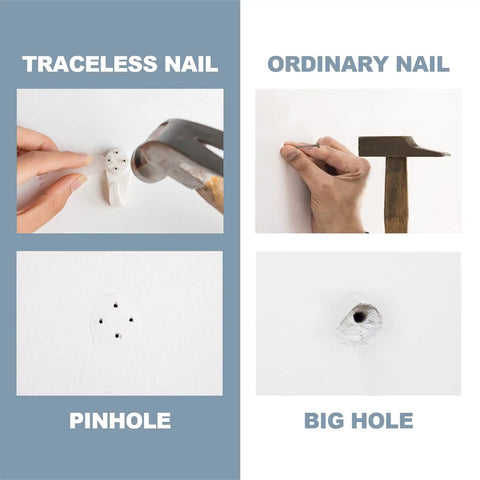 Comparison of traceless and ordinary nails; traceless nails leave pinholes while ordinary nails create big holes, for 50 Piece Picture Hanger Kit With Heavy Duty Hooks For Stucco Concrete And Hard Walls No Drilling Needed Invisible Nails 25 Lb Load Great Value Storage Box And Easy Install Gradienter Holder.
