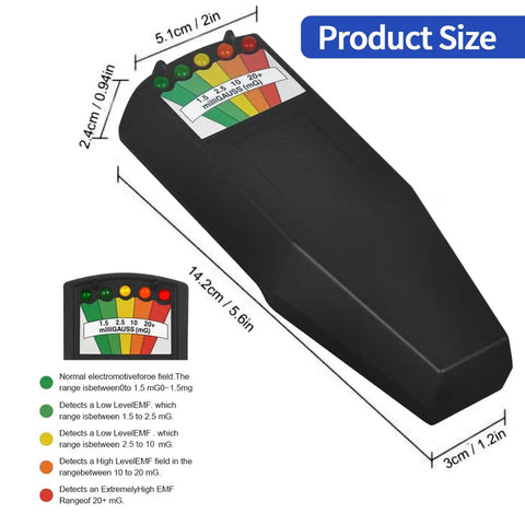 EMF Meter For Ghost Hunting Handheld Radiation Detector with scale indicators, size dimensions in inches and centimeters.