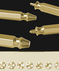 Close-up of Heavy Duty Broken Head Screw Extractor Set 6 Piece 2 Inch Nickel Iron Alloy Steel tips and shapes.
