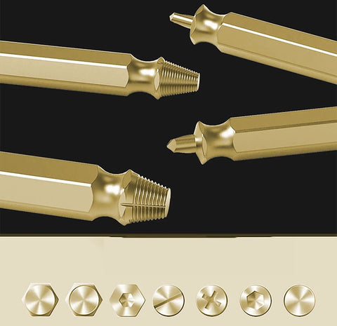 Close-up of Heavy Duty Broken Head Screw Extractor Set 6 Piece 2 Inch Nickel Iron Alloy Steel tips and shapes.