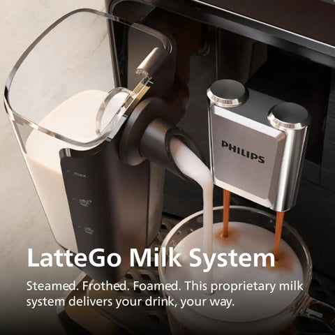 Fully Automatic Espresso Coffee Maker With Integrated Grinder And LatteGo Milk System For Silky Homemade Lattes Four One Touch Brews 15 Bar Pressure Matte Black Certified Refurbished lattego milk system in action preparing drinks.