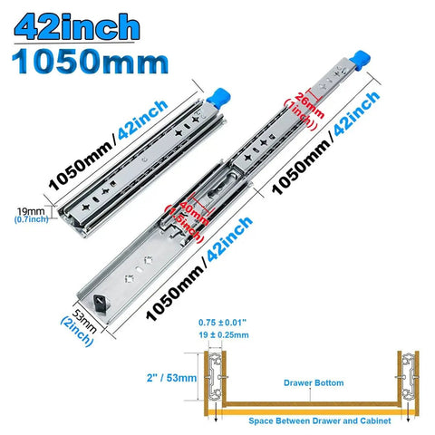 Heavy Duty Drawer Slides 1050mm Pair Full Extension Side Mount Ball Bearing Cabinet Tracks, showing measurements and details.