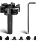 Beefy Slab Flattening Router Bit For CNC Surfacing Half Inch Shank Two Inch Cutting Diameter Six Wing Planing Bit With Carbide Inserts High RPM Up To Twenty Thousand Includes Six Screws Upgrade showcasing tool and accessories.