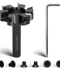 Pro Grade CNC Spoilboard Surfacing Router Bit With One Quarter Inch Shank And One And A Half Inch Cutting Diameter For Slab Flattening Planing Includes Three Extra Replaceable Carbide Blades Black Finish shown with hex key and screws