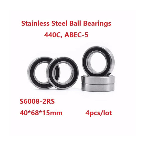 4 Pack Deep Groove Ball Bearings 40x68x15mm S6008RS 2RS ABEC-5 Stainless Steel With Double Rubber Covers