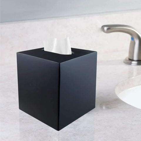 Square Tissue Box Cover In Matte Black Metal, Durable Facial Tissue Holder on Bathroom Vanity with Modern Design
