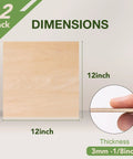 Basswood Sheets 12x12x1/8 Inch 3mm For Laser Cutting Unfinished Wood Thin Plywood Board shown with dimensions and thickness.