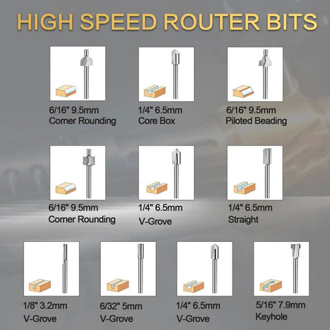 High Speed Steel Router Bits for woodworking, sizes: 1/8" to 5/16", various shapes for engraving with rotary tools.