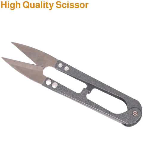 Small, high quality metal scissor with sharp narrow blades and open handle design.