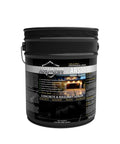 Top Shelf Pro Grade High Gloss Wet Look Concrete Sealer That Really Gonna Make Your Driveway Shine With Hard Hitting Protection And Deep Color Enhancement For A Solid Five Gallon Finish in a black bucket with labels.