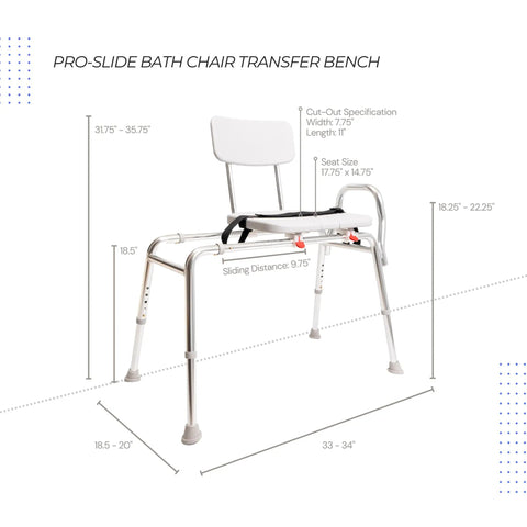 Pro-Slide Shower Chair And Tub Transfer Bench with cutout showing adjustable height and dimensions, heavy-duty up to 400 lbs.