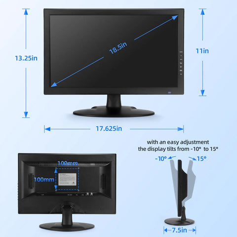 18.5 Inch CCTV Security Monitor With 4K Input Support, 1366x768 HD LED Display shown with dimensions and tilt angles