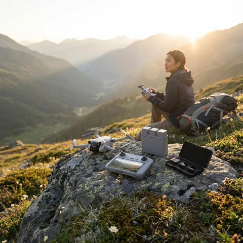 Mini 5 Pro Drone RC2 Fly More Bundle With Extra Battery And 64GB Card Landing Pad Portable Kit on mountain with person flying.