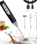 Milk Frother Wand For Coffee, Totally Handheld Rechargeable Electric Whisk With Three Heads And Three Speeds shown in black with accessories