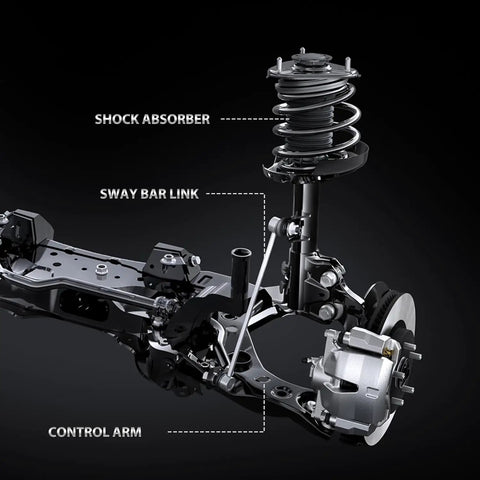 Front Lower Control Arm Kit With Ball Joint And Sway Bar Link For Nissan Rogue 2008 To 2013 And Rogue Select 2014 To 2015, Direct OE Replacement 4 Piece Suspension Kit Easy Install Durable Performance; visible strut, control arm and sway bar link
