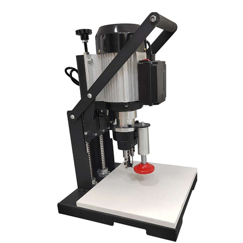 INTSUPERMAI portable electric hinge drill with pneumatic hinge boring, black frame and silver motor, white worktable