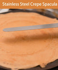 Must Have Pro Grade Crepe Spreader And Spatula Kit Set 12 Inch Curved Offset Spatula shown spreading crepe on pan