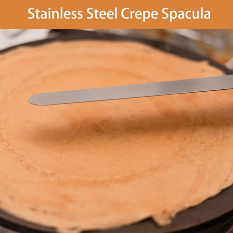Must Have Pro Grade Crepe Spreader And Spatula Kit Set 12 Inch Curved Offset Spatula shown spreading crepe on pan