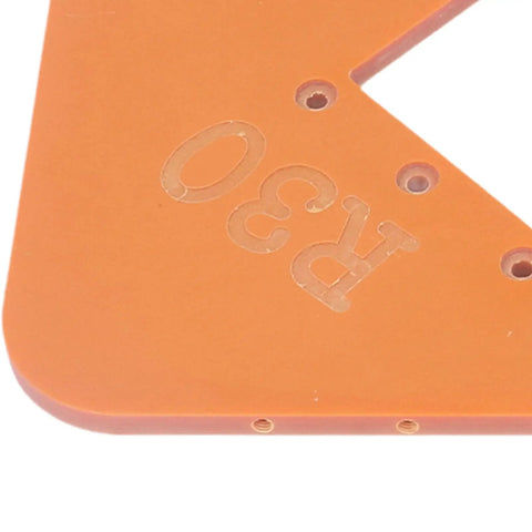 Two Piece Woodworking Corner Radius Template Kit With Router Jig Covering R15 To R200, orange plastic template for smooth edges.