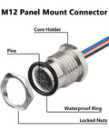 Industrial M12 A Coded 4 Pin Female Field Wireable Connector with waterproof ring and core holder, panel mount style.