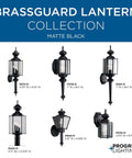BrassGUARD Lantern Collection in matte black showing various wall and post light designs with clear glass and traditional style.