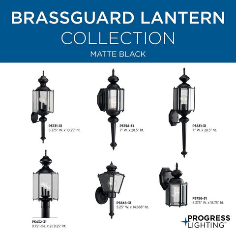 BrassGUARD Lantern Collection in matte black showing various wall and post light designs with clear glass and traditional style.