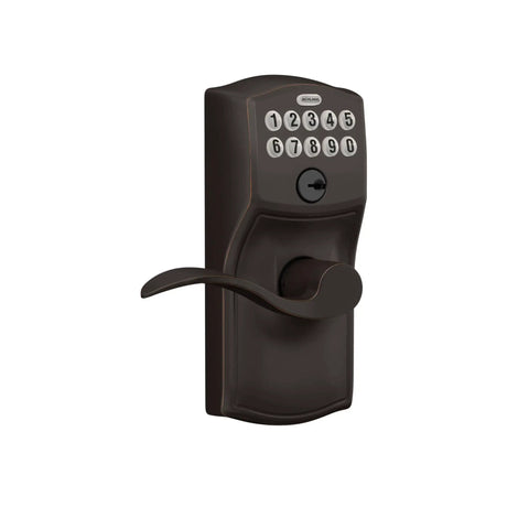 Camelot Keypad Lock With Lever Handle Electronic Keyless Entry For Easy Access Flexible Auto Lock Option Aged Bronze Finish FE595 V CAM 716 ACC Durable Home Security For Front Or Back Door, angled view showing aged bronze finish and number pad.