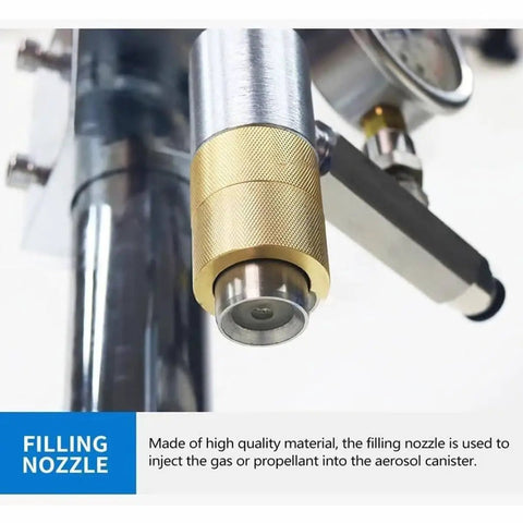 Close-up of filling nozzle on Slick Manual Aerosol Spray Can Filler Machine For Zero Hassle Paint Refills And Butane Gas Tanks.