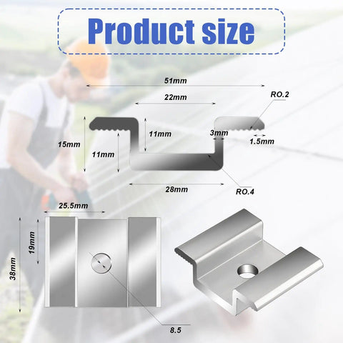Bulk 42 Pack Aluminum Solar Panel Mid Clamps For Mounting On Tin Roof Flat Roof And Sheet Roofs Silver Finish Heavy Duty Brackets Kit For Easy Solar Panel Installation with dimensions